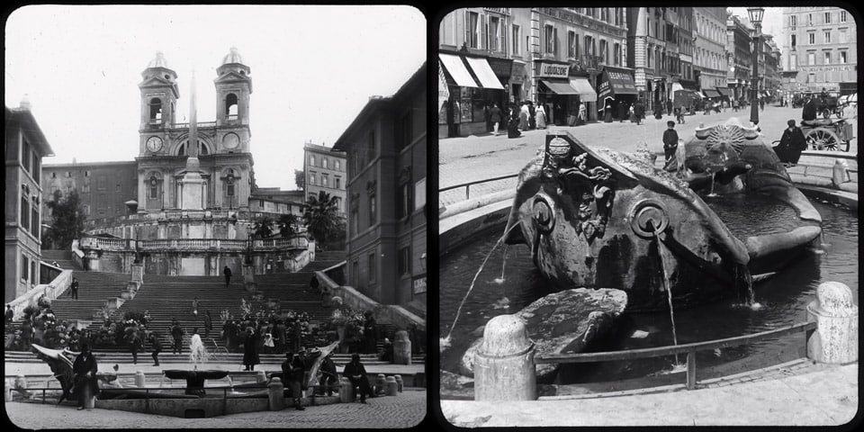 Fuente de la Barcaccia en 1910 y Escalinata Española en Roma