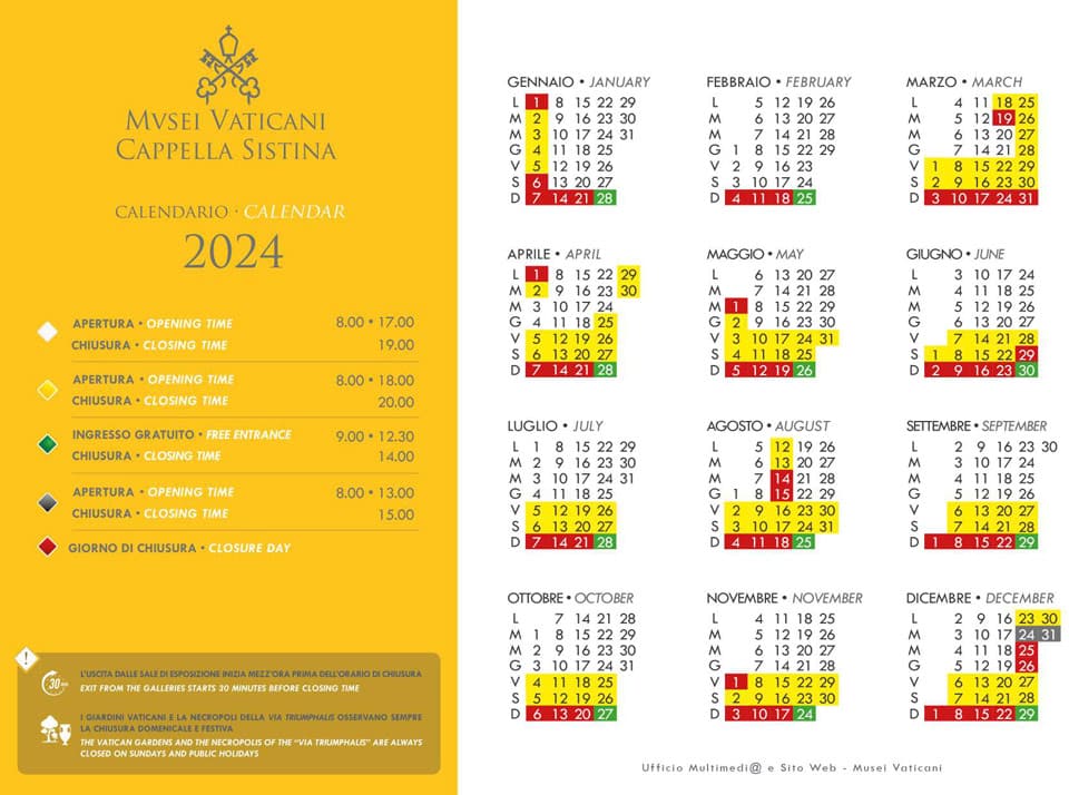 2024 Vatican Museums opening hours calendar