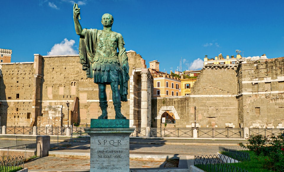 Bronze statue of the emperor Nerva in Rome Via Fori Imperiali