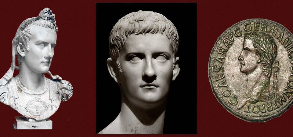 Roman Emperor Caligula portraits on coins and sculpture 