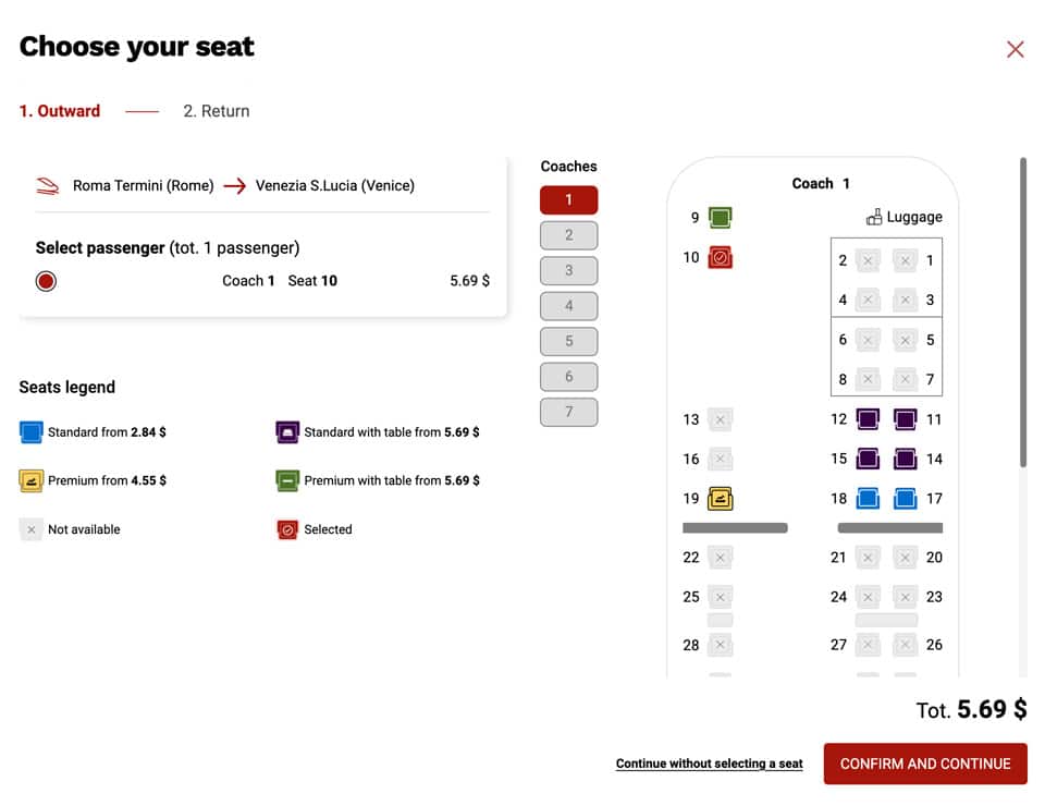 Choosing a seat on an Italo train