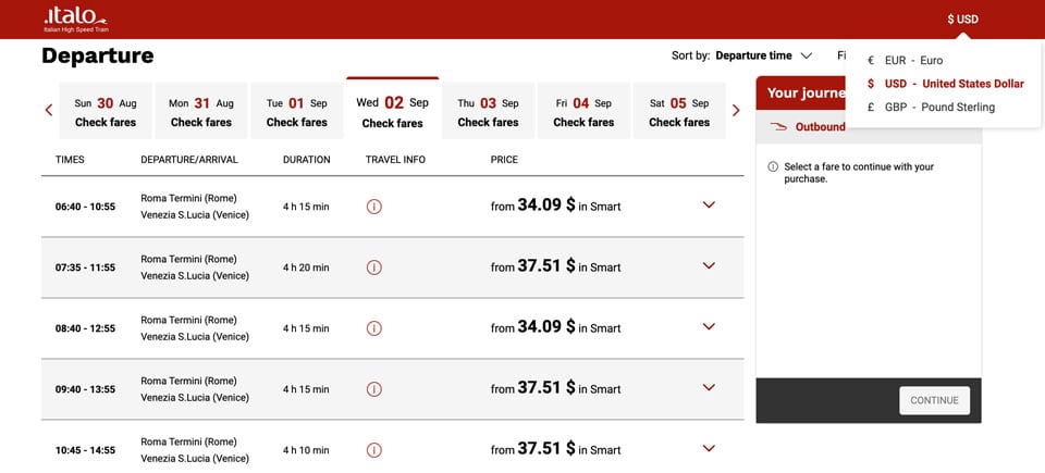 Comparison of Italo Rome Venice tickets by time and fare