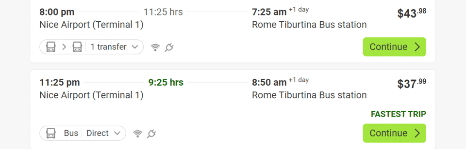 FlixBus schedule from Nice to Rome