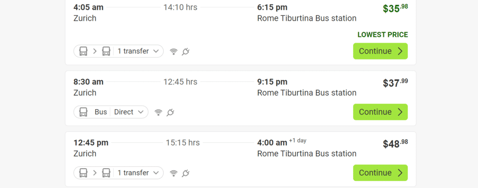 FlixBus schedule from Zurich to Rome