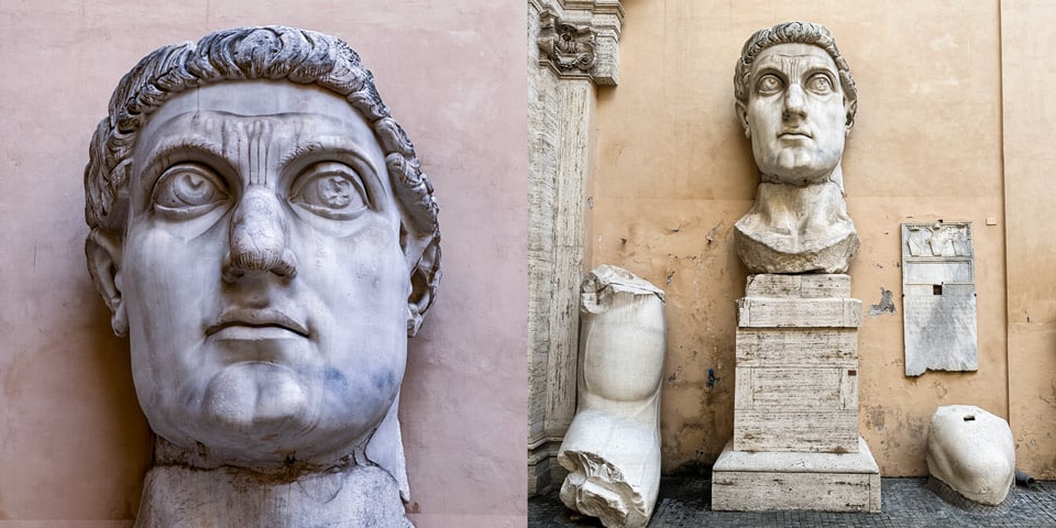 Head and part of a hand elements of a colossal statue of Emperor Constantine