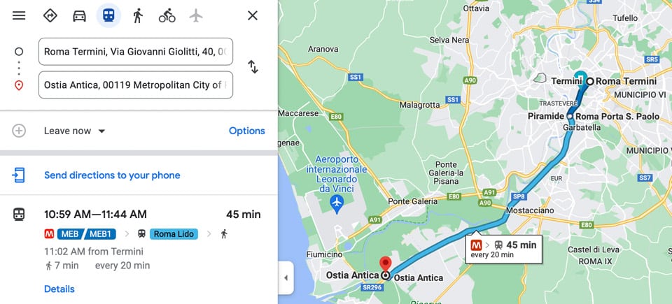 Route map How to get to Ostia Antica from Rome