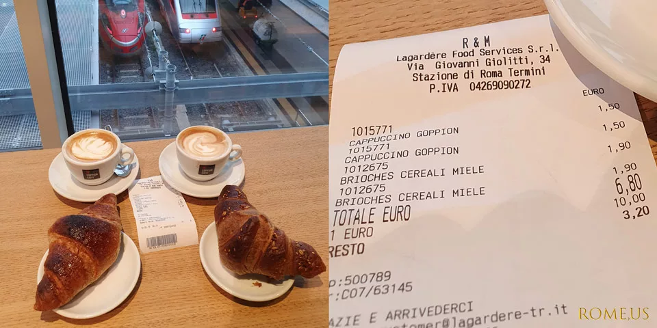 Italian cappuccino, croissant and bill, cafe at Termini station in Rome