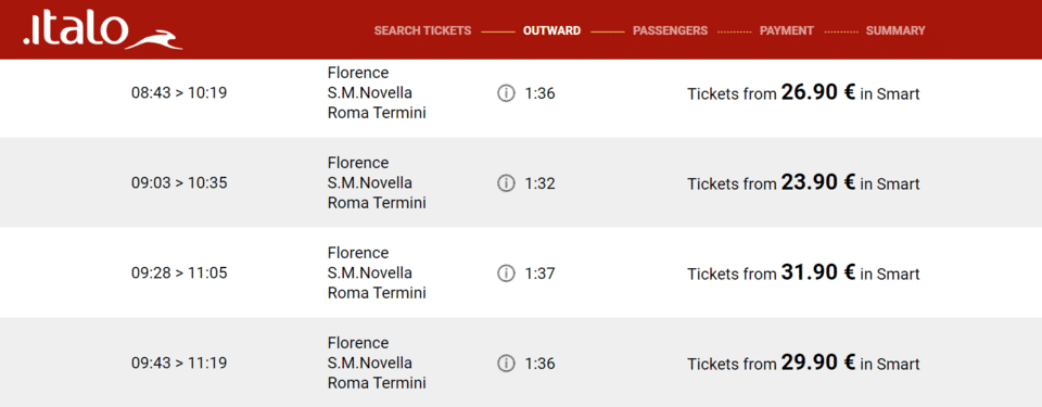 ItaloTreno schedule from Florence to Rome
