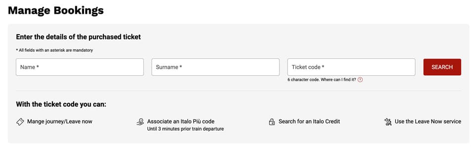 Italoteno Manage bookings Enter the details of the purchased ticket