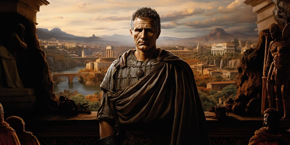 Julius Caesar against the backdrop of Rome