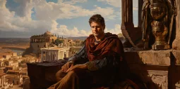 Portrait of Emperor Augustus against the backdrop of Ancient Rome