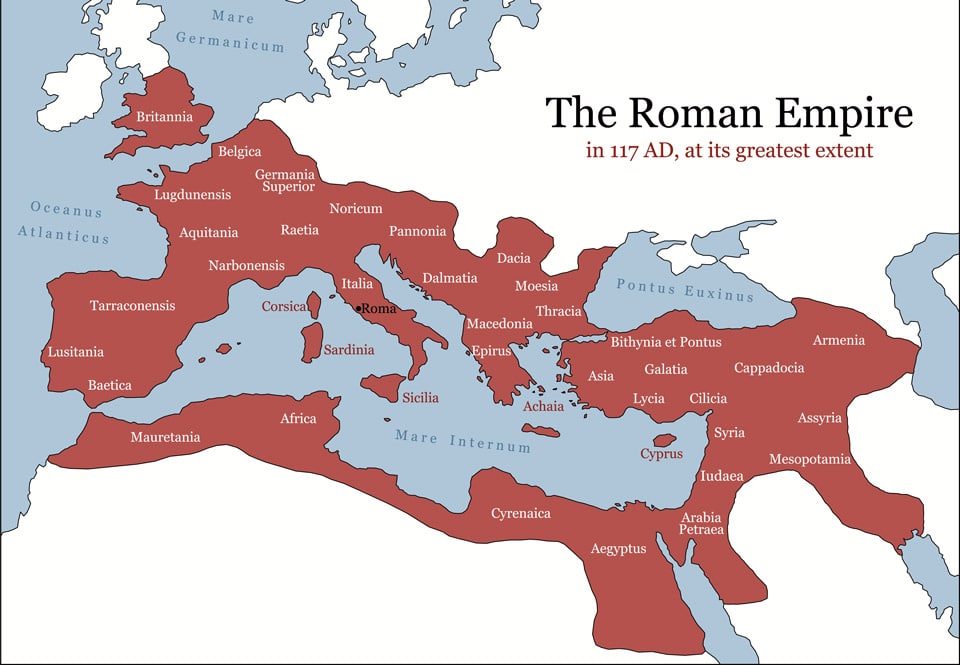 Roman Empire Map in 117 AD at its greatest extent beginning of the reign of Emperor Hadrian