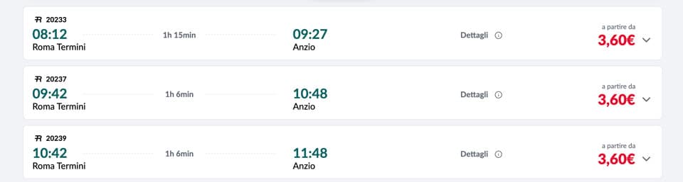 Train timetable from Rome to Anzio beach 