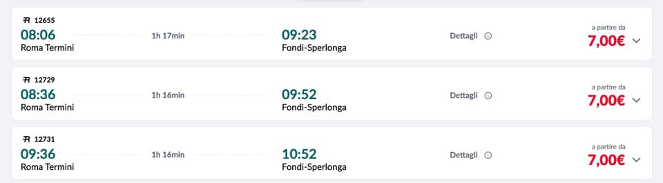 Train timetable from Rome Termini to Sperlonga beach