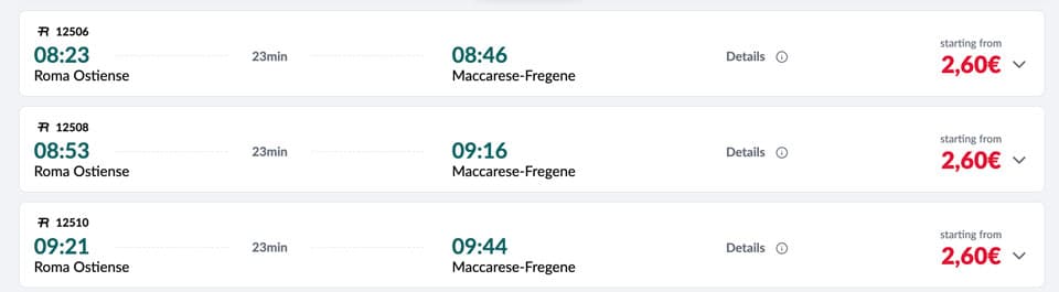 Train timetable from Rome Termini to Fregene beach