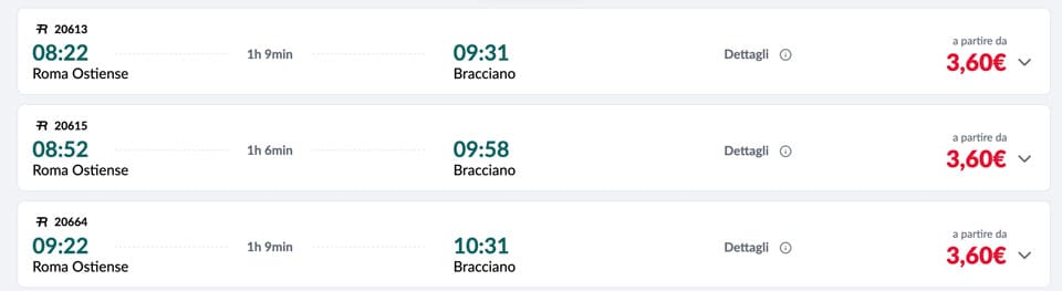 Train timetable from Rome to Bracciano lake beach