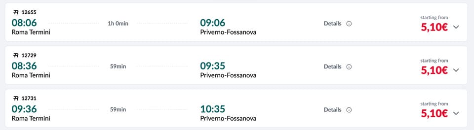 Train timetable from Rome to Priverno-Fossanova station near Sabaudia beach 