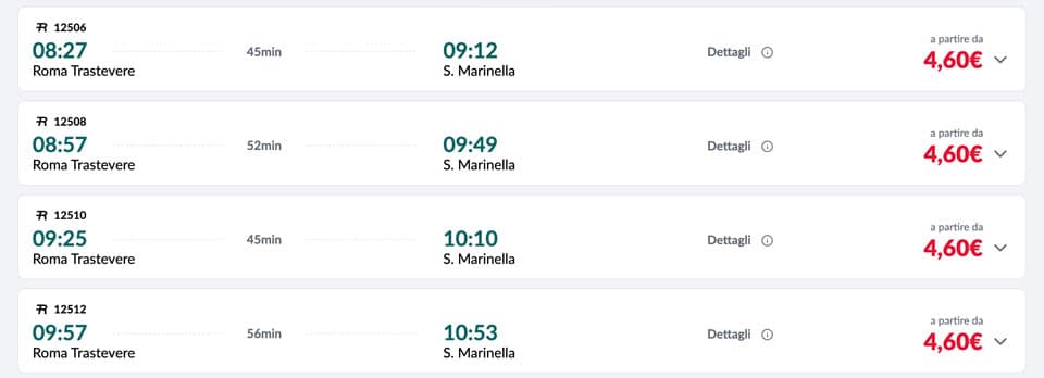 Train timetable from Rome to Santa Marinella beach 