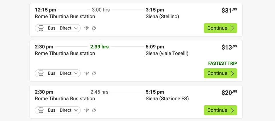 Rome Siena bus schedule ticket price