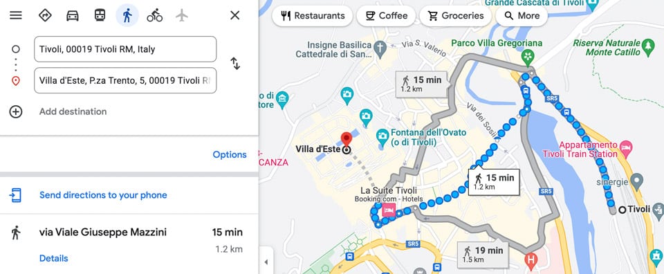 Walking route to villa d Este from Tivoli railway station