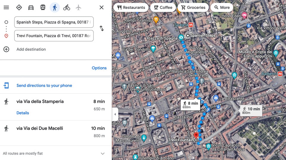 Shortest Route from Spanish Steps to Trevi Fountain