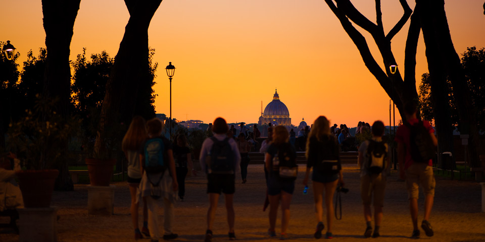 Sunset in the Orange Garden on the Aventine Hill view of the dome of St Peter's Basilica