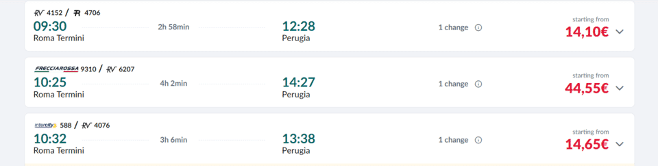 Train schedule from Rome to Perugia
