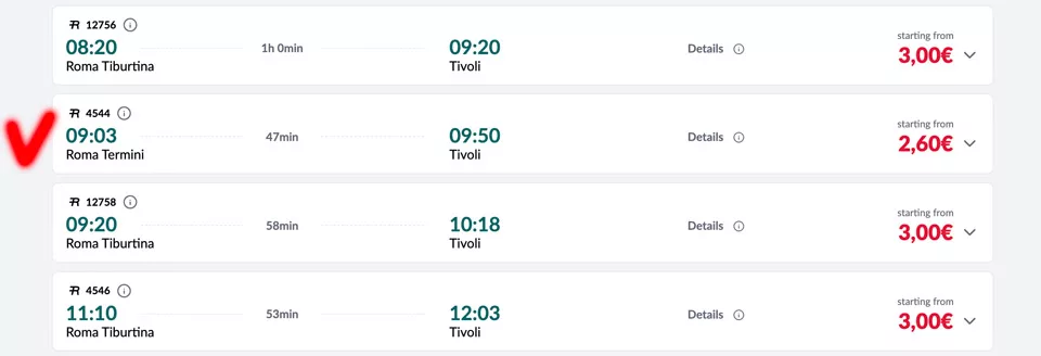 Train timetable from Rome to Tivoli