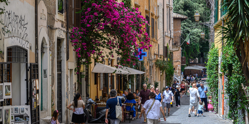 Trastevere district of Rome street tourists