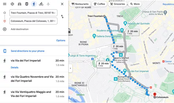 Direct walking Route from Spanish Steps to Сolosseum