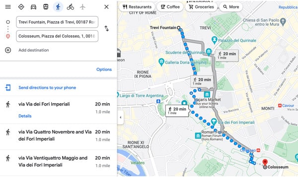 Direct walking Route from Spanish Steps to Сolosseum