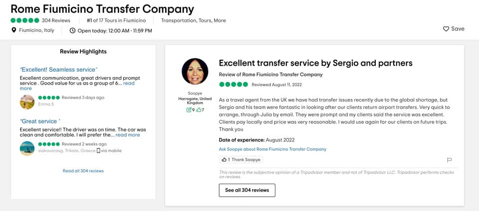 Reviews on TripAdvisor about Rome Fiumicino Transfer Company Sergio & Partners