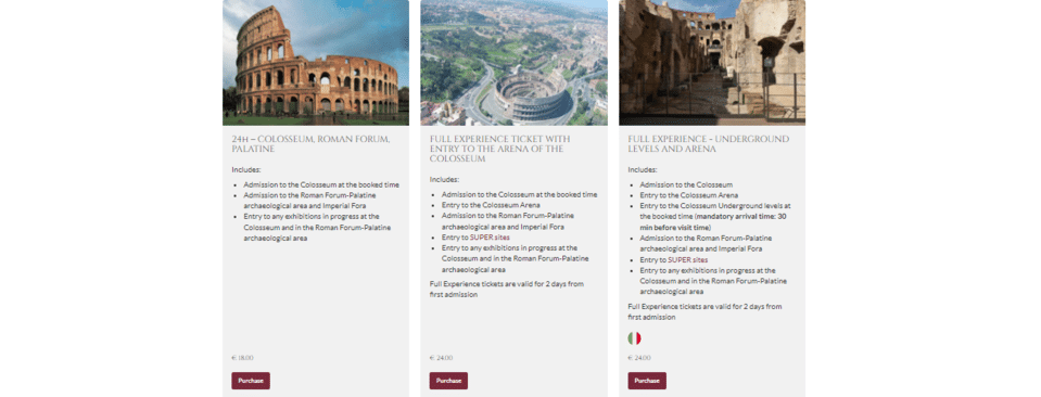 Types of individual tickets to the Colosseum