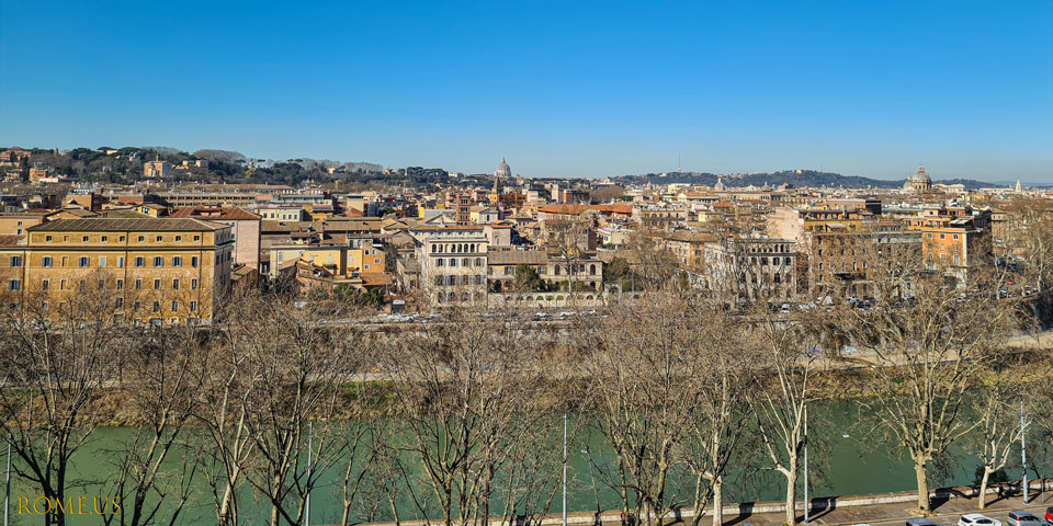 View of the Tiber River Trastevere district and St. Peter's observation deck in the Orange Garden Rome
