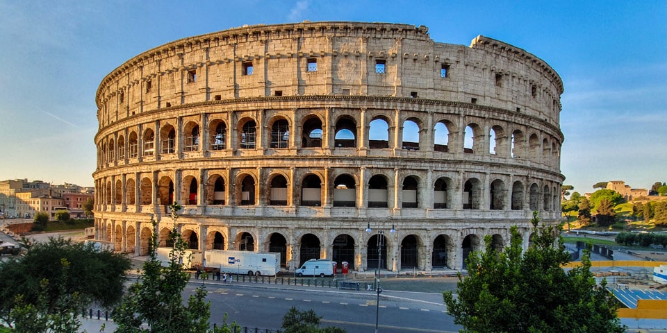 View of the preserved part of the Colosseum in Rome early in the morning