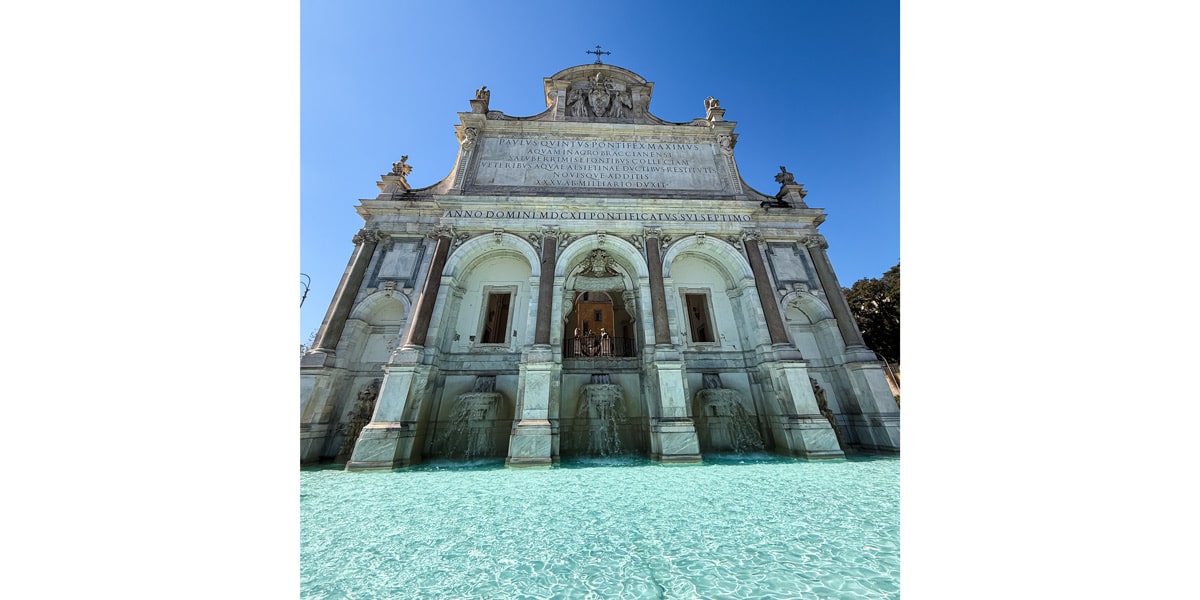 Full facade of the Fontana dell'Acqua Paola with its three cascades on the Janiculum hill, Rome