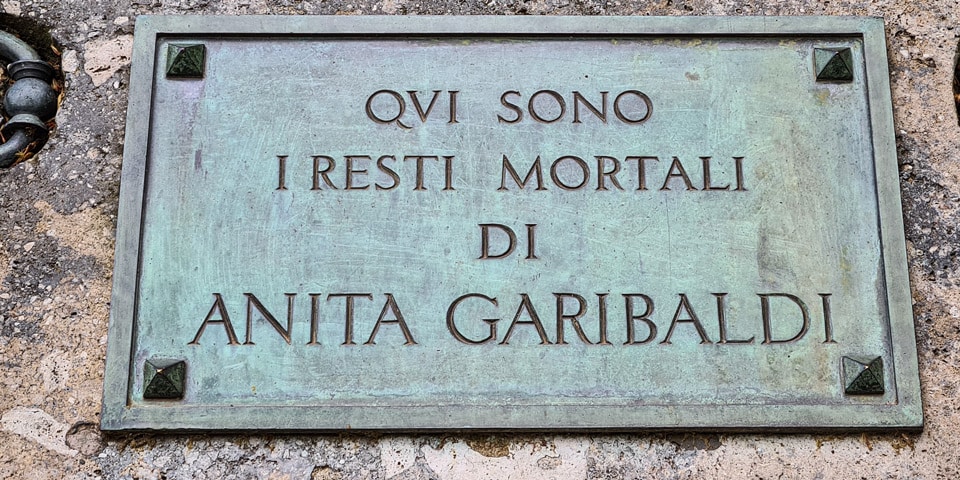 Bronze inscription marking the mortal remains of Anita Garibaldi inside her Janiculum monument