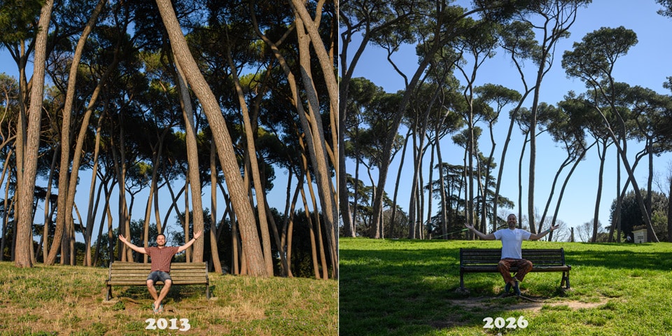 Artur Jakucewicz on the same bench beneath the pines of Villa Doria Pamphilj in 2013 and 2026