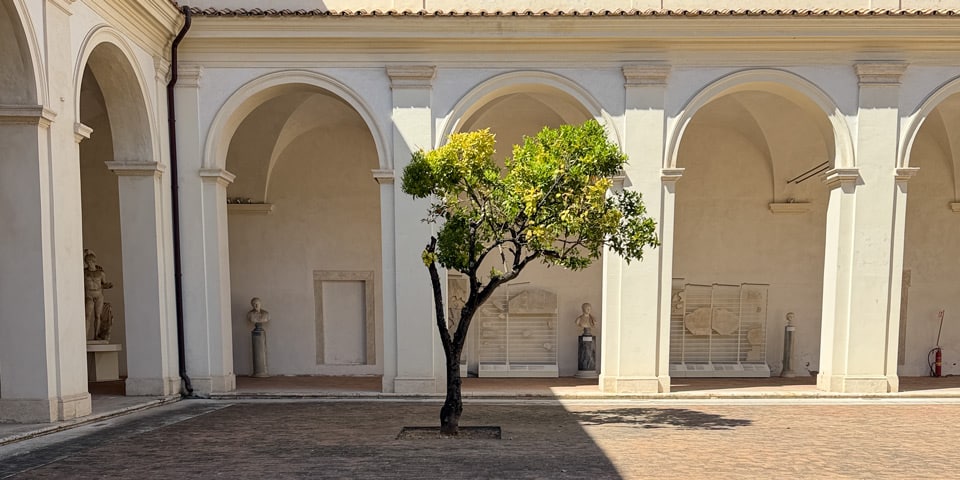 Small cloister courtyard with ancient busts and a lemon tree at the National Roman Museum, Baths of Diocletian, Rome