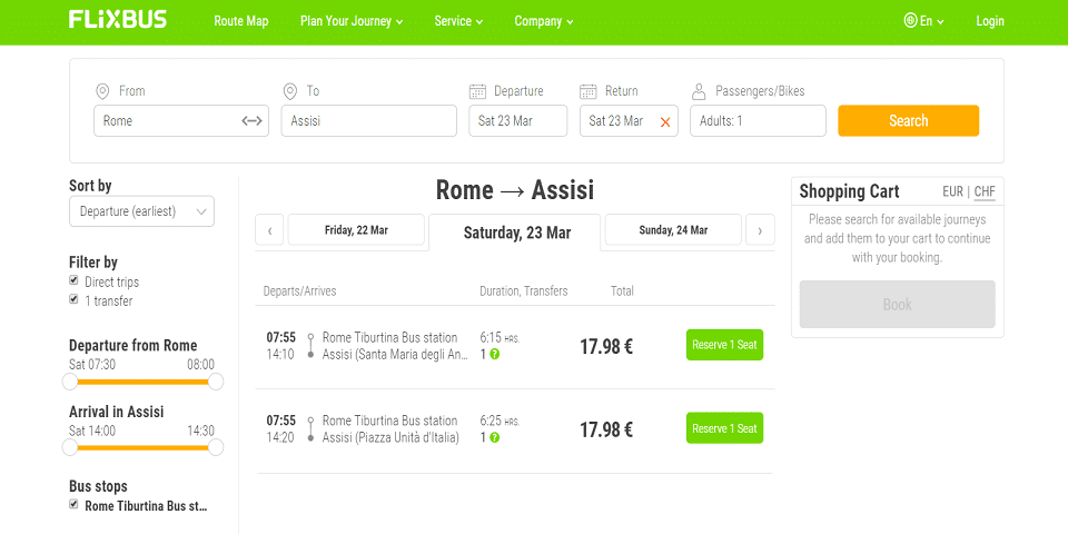 Bus timetable from Rome to Assisi and ticket prices