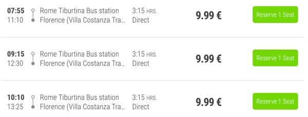 Bus timetable from Rome to Florence