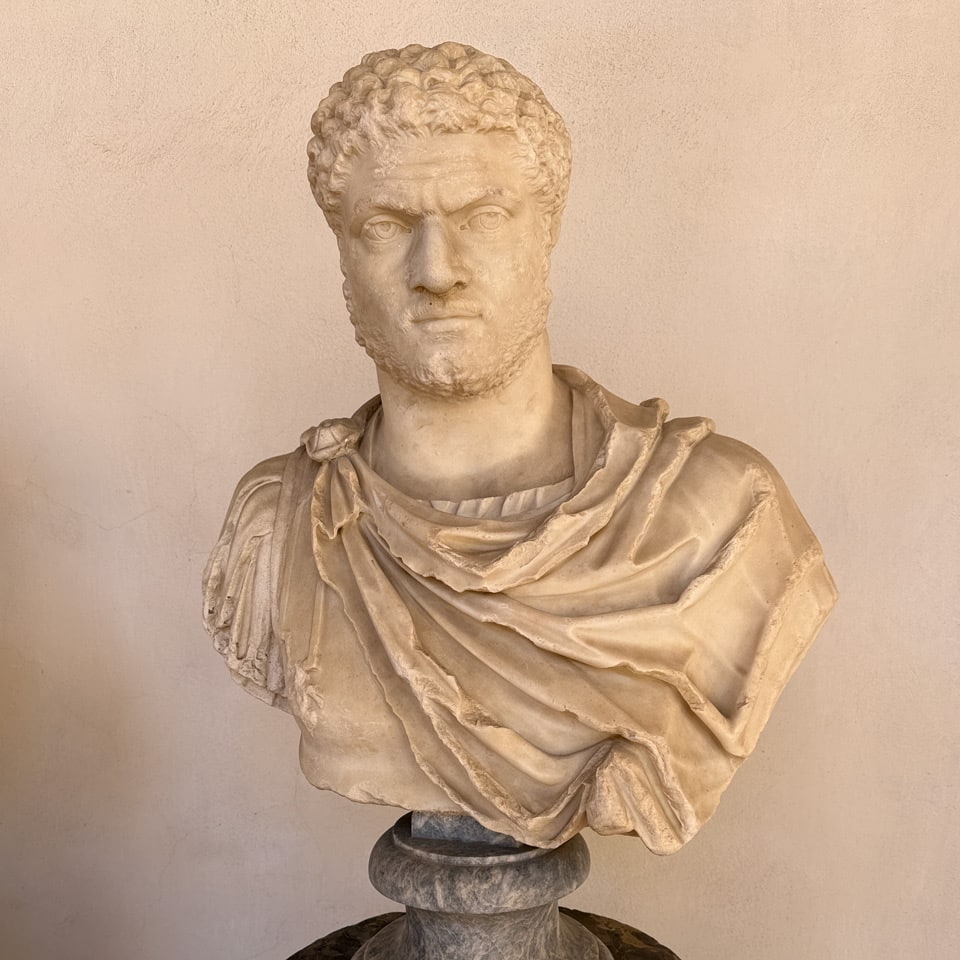 Ancient Roman marble bust of Emperor Caracalla (209-211 AD) from the House of the Vestals, Baths of Diocletian museum, Rome