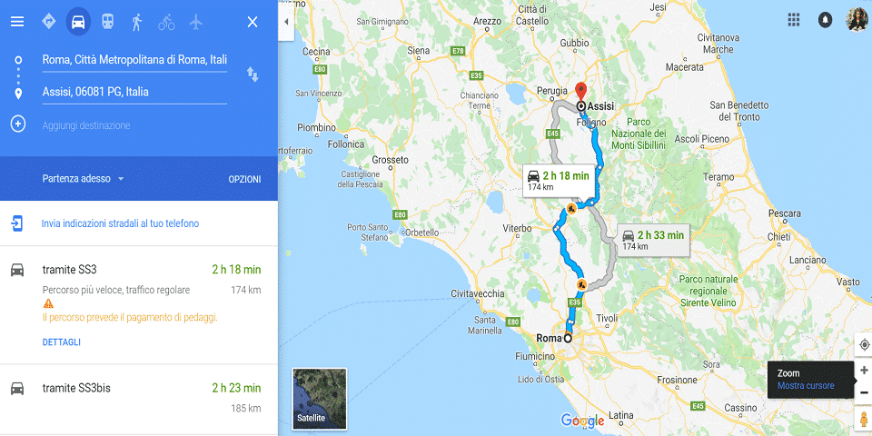 Route on the map from Rome to Assisi by car