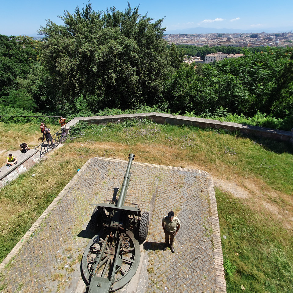 View from the parapet above Il Cannone del Gianicolo showing the gun's firing direction over Rome, minutes before the noon salute