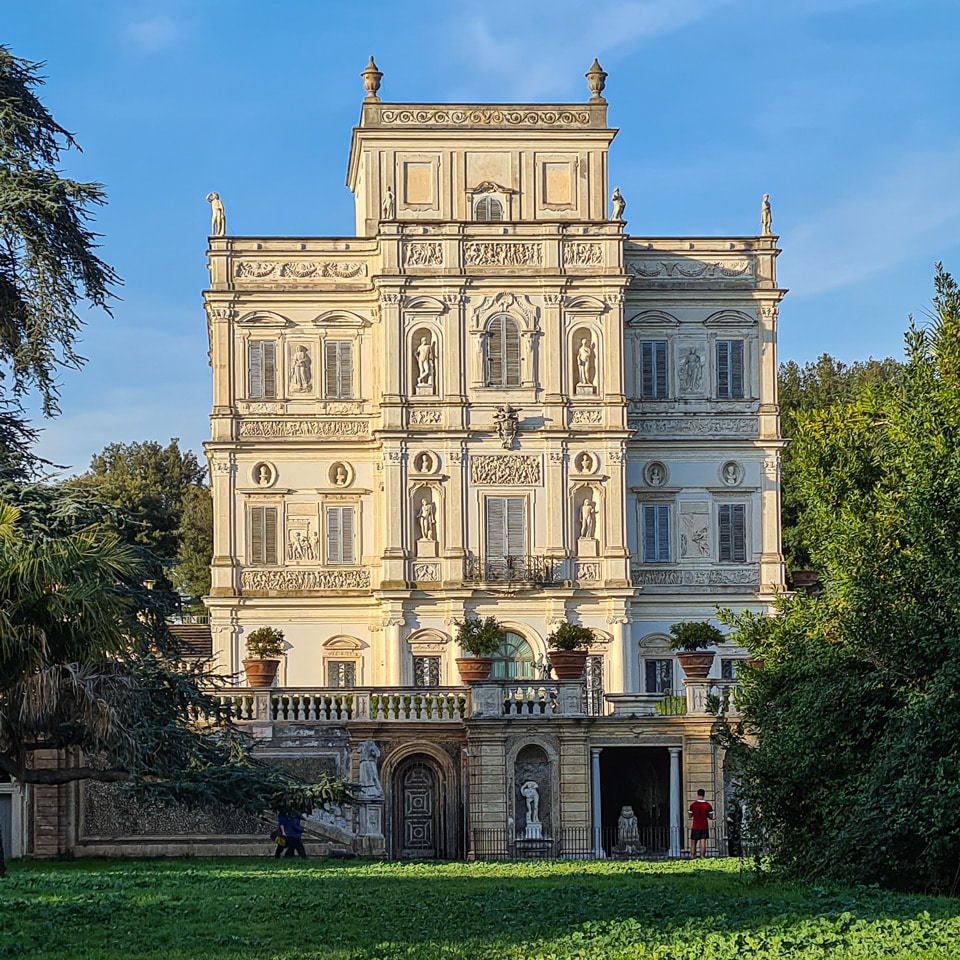 Decorated front facade of the Casino del Bel Respiro in Villa Doria Pamphilj