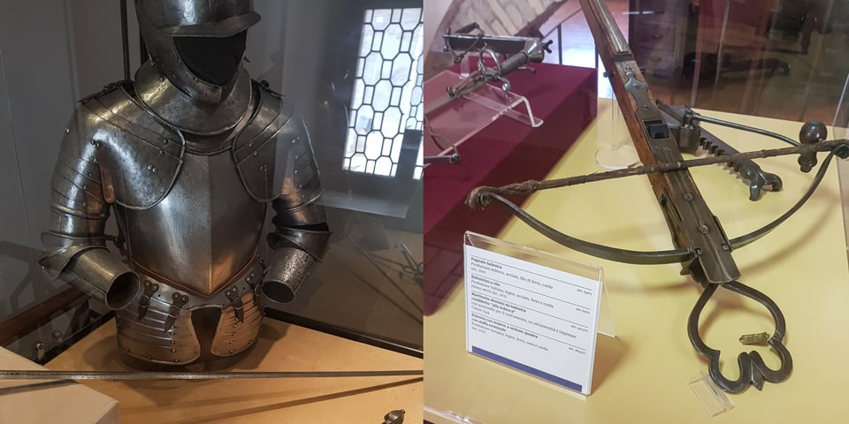 Plate armor and medieval crossbows in the armory of Castel Sant'Angelo, Rome