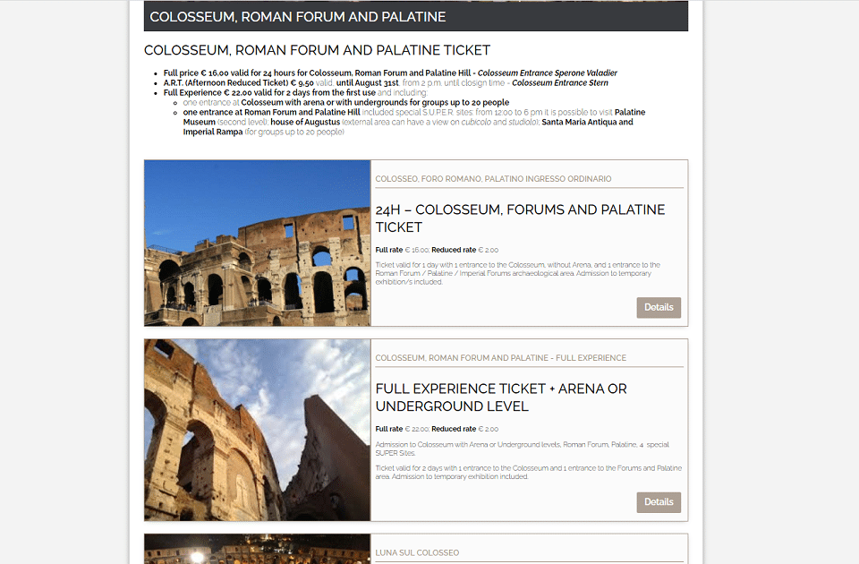 Different types of the tickets to the Colosseum