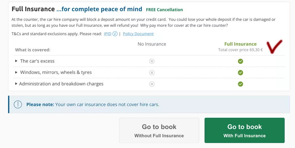 cost and terms of insurance when renting a car in Rome