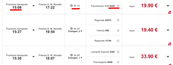Train timetable from Fiumicino airport to Florence