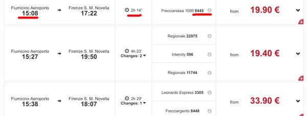 Train timetable from Fiumicino airport to Florence